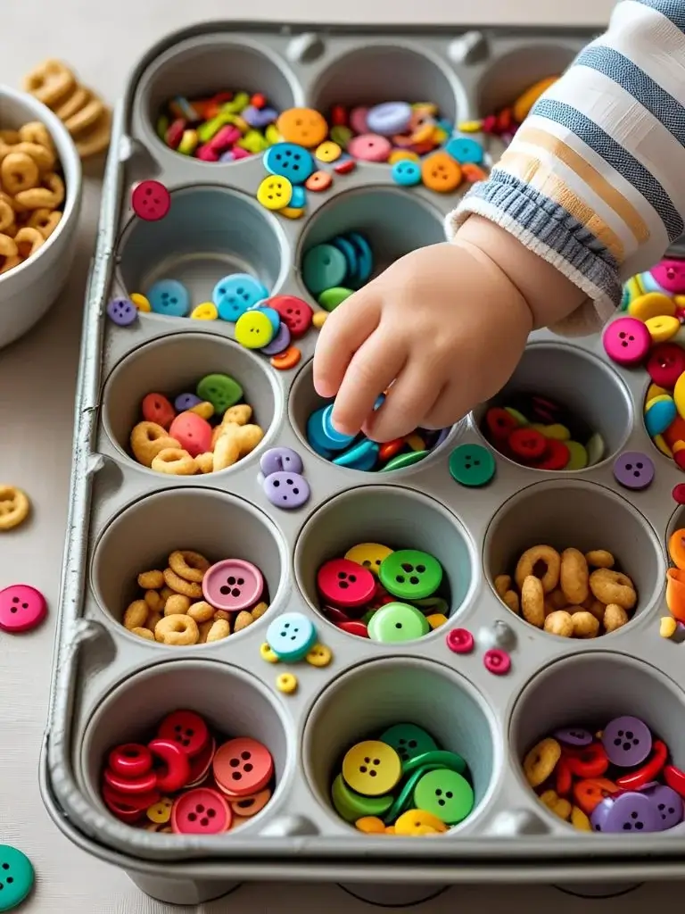 colorful buttons and cereal spread over a muffin tray with a toddler's hand sorting them