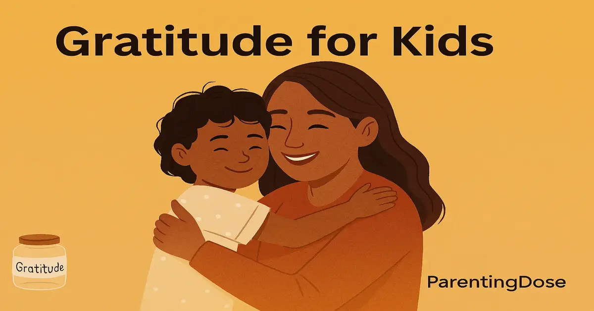 A warm, mustard yellow featured image for the blog post "Gratitude for Kids" showing a heartfelt embrace between a diverse mother and child, both smiling naturally, with bold text overlay and a small gratitude jar icon in the corner.