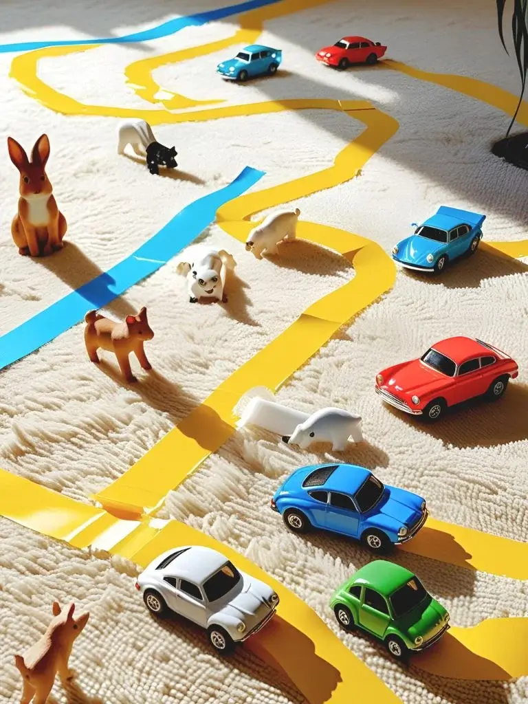 colorful tape taped on a carpet with mini car toys placed on it 