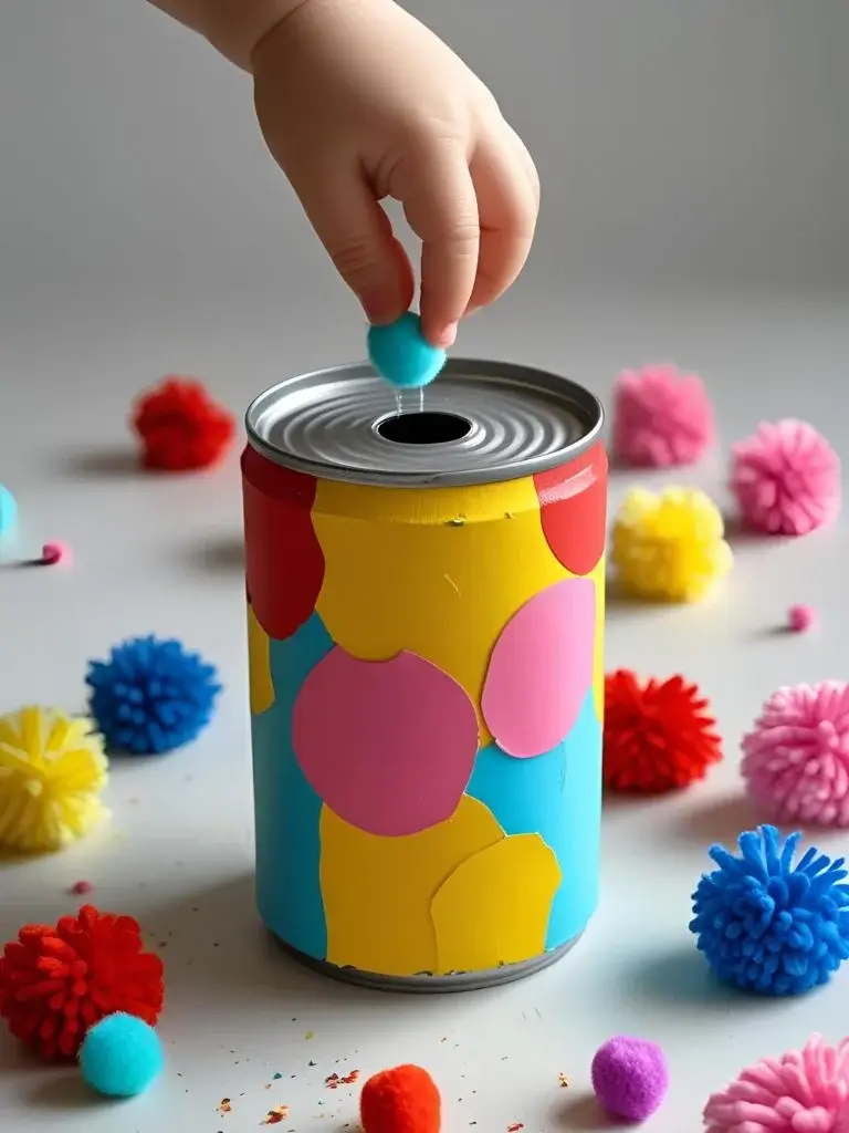 shot of a toddler's hand inserting a pom pom into a colorful recycled can 