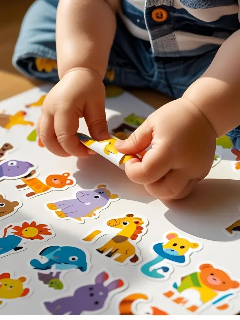 a shot of hands of a toddler sticking stickers to a paper 