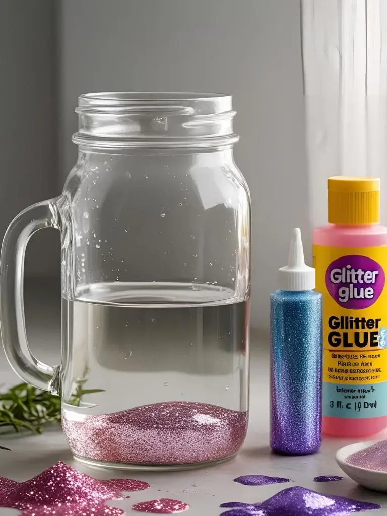 a jar with water and glitter in it, along with a glitter bottle and glitter glue tube 